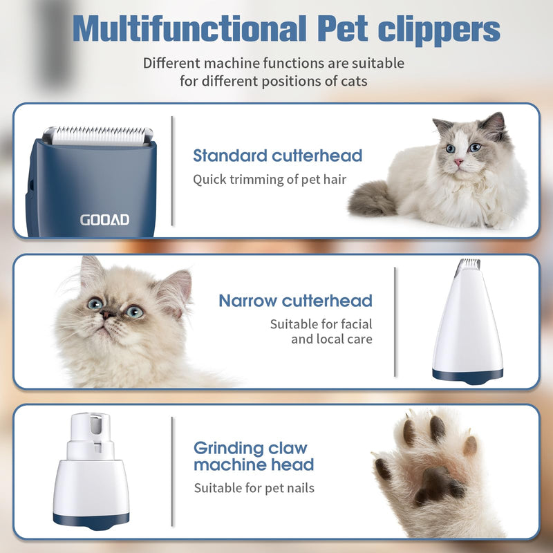 Goood Cat Clippers for Matted & Long Hair - Quiet, Cordless Grooming Kit with Paw Trimmer & Nail Grinder for Cats & Small Pets (Blue) Blue - PawsPlanet Australia