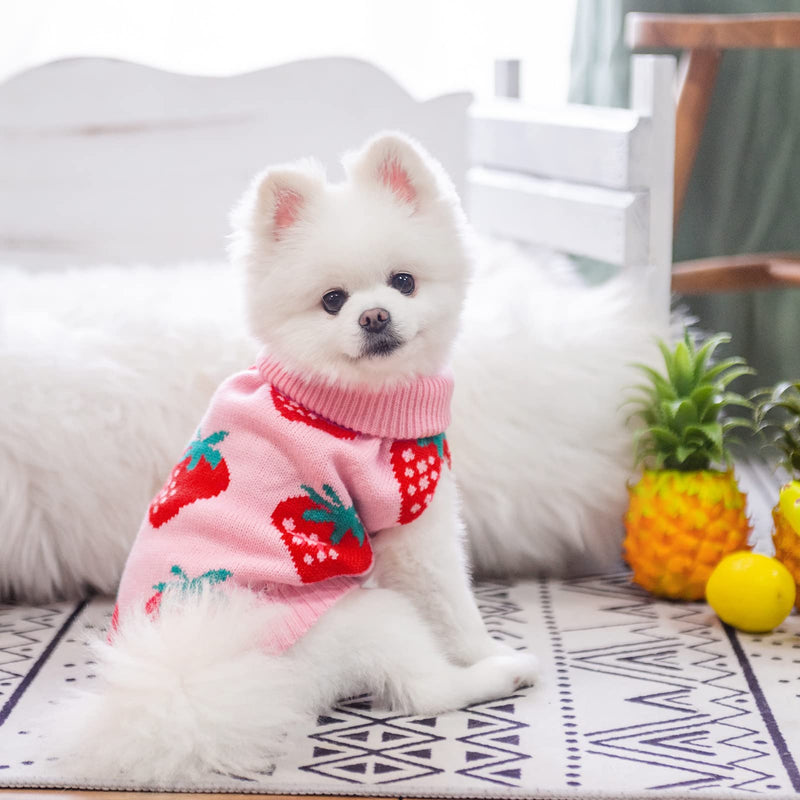 SCIROKKO Dog Sweaters for Small Dogs - Cute Girl Dog Clothes Knitwear Warm Puppy Winter Sweater, Pink Strawberry S/M (Chest 20", Back 16") - PawsPlanet Australia