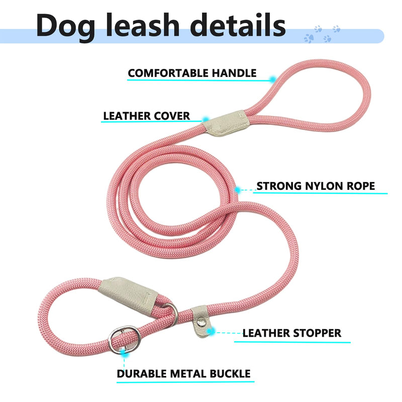 Durable Slip Lead - 5 FT Adjustable Dog Training Leash, Strong Nylon Rope Slip Leash for Large Medium Small Dogs (Pink) Pink - PawsPlanet Australia