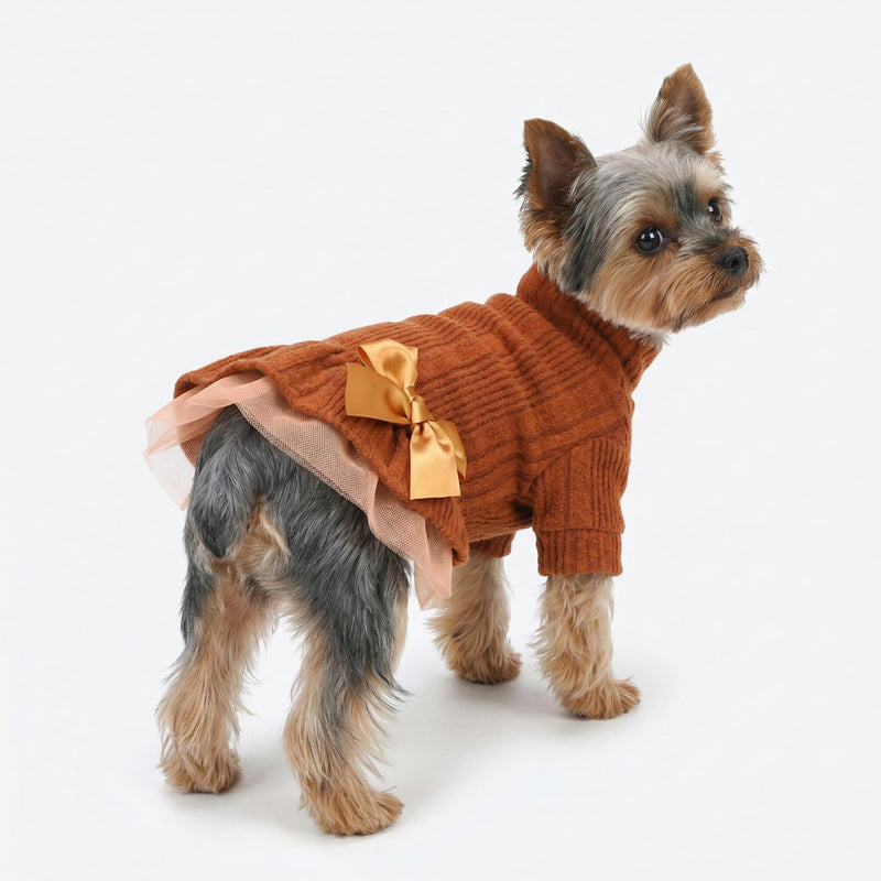 Fitwarm Knitted Dog Tulle Sweater Dress, Dog Winter Clothes for Small Dogs Girl, Cat Apparel, Orange, Small - PawsPlanet Australia