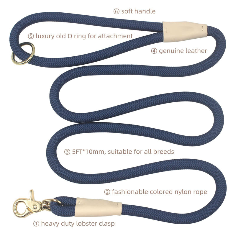 5FT Strong Nylon Braided Dog Rope Leash, Dog Walking Lead, Dog Leash for Training Small Medium Large Dogs (Navy Blue, 5FT x 10mm) Navy blue - PawsPlanet Australia
