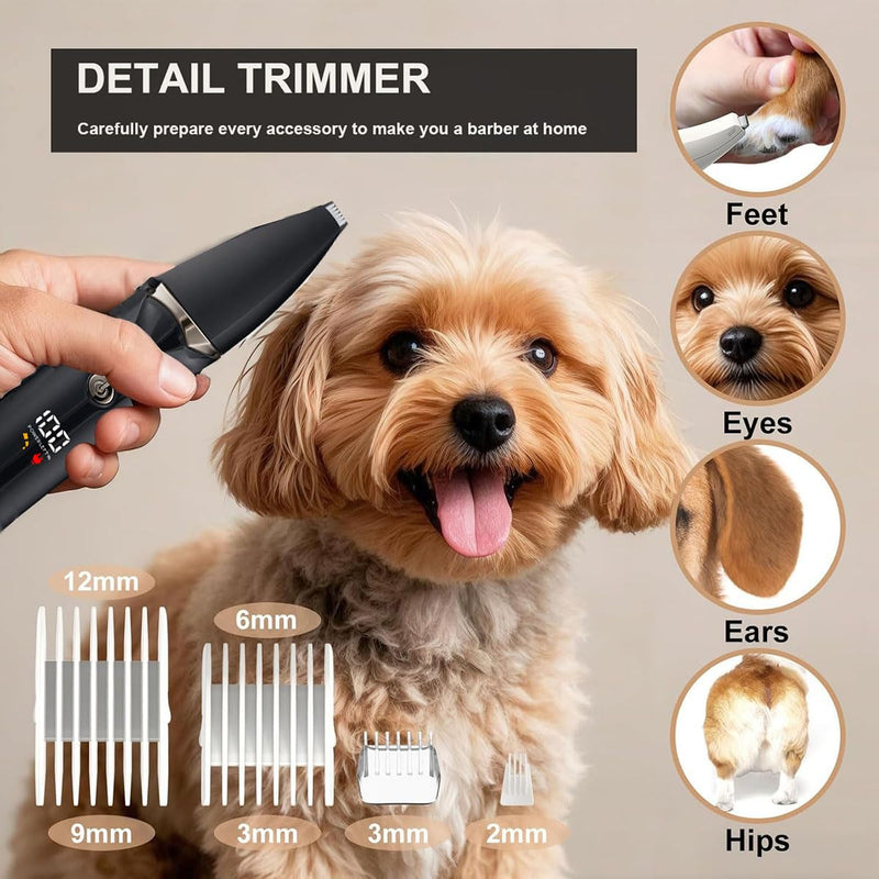 Dog Grooming Kit with LCD Display, 4 in 1 Dog Hair Trimmer for Paw Nail Grinder, Rechargeable Cordless Pet Cat Clippers, Professional Pet Paw Trimmer Nail Grinder Low Noise. Black - PawsPlanet Australia