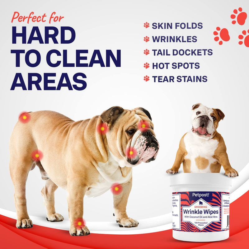 Petpost | Bulldog Wrinkle Wipes for Dogs - Cleans and Soothes Pug Wrinkles and Folds - Ultra Soft Cotton Pads in Coconut Oil Solution 100 ct. 100 ct.