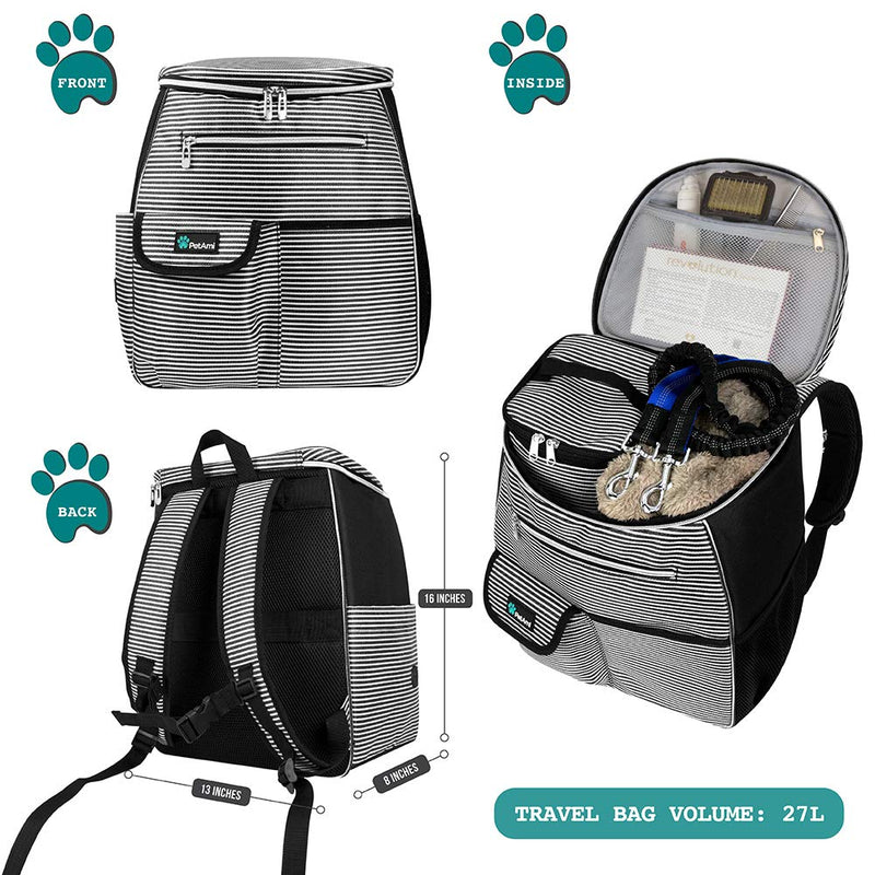 PetAmi Dog Travel Bag Backpack, Airline Approved Dog Bags for Traveling, Puppy Diaper Bag Supplies, Pet Camping Essentials Hiking Accessories Dog Gift, Food Container, Collapsible Bowls, Stripe Black One Size (Pack of 1) - PawsPlanet Australia