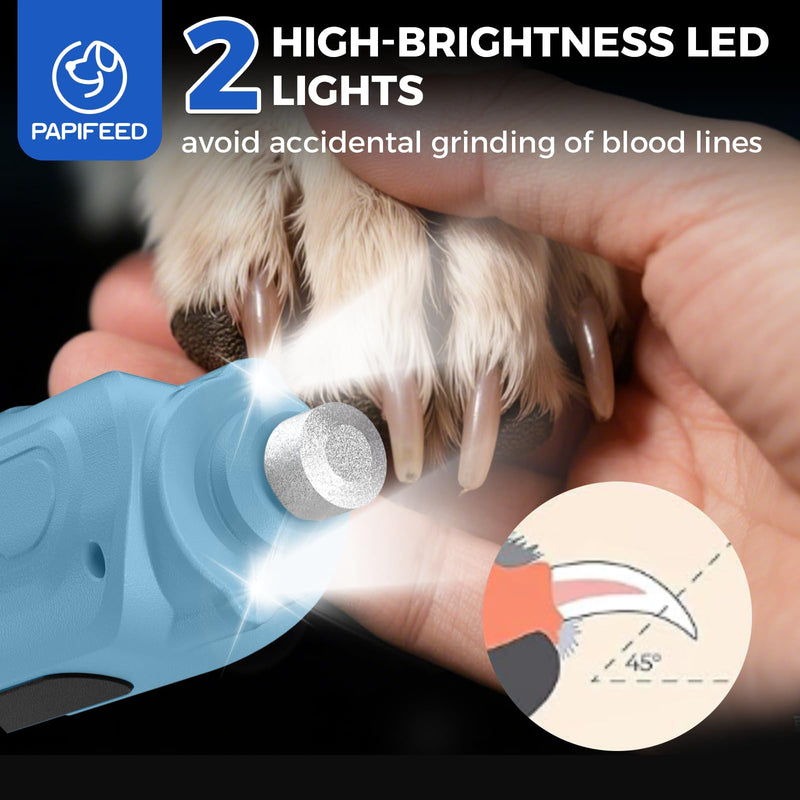 PAPIFEED 6-Speed Dog Nail Grinder Quiet with Dog Nail Trimmers, 2 LED Lights & Dust-Proof Cover, Nail Grinder for Large/Medium/Small Dogs & Cats, Rechargeable Type-C Charging - Blue Kit Grinder-Trimmers - PawsPlanet Australia