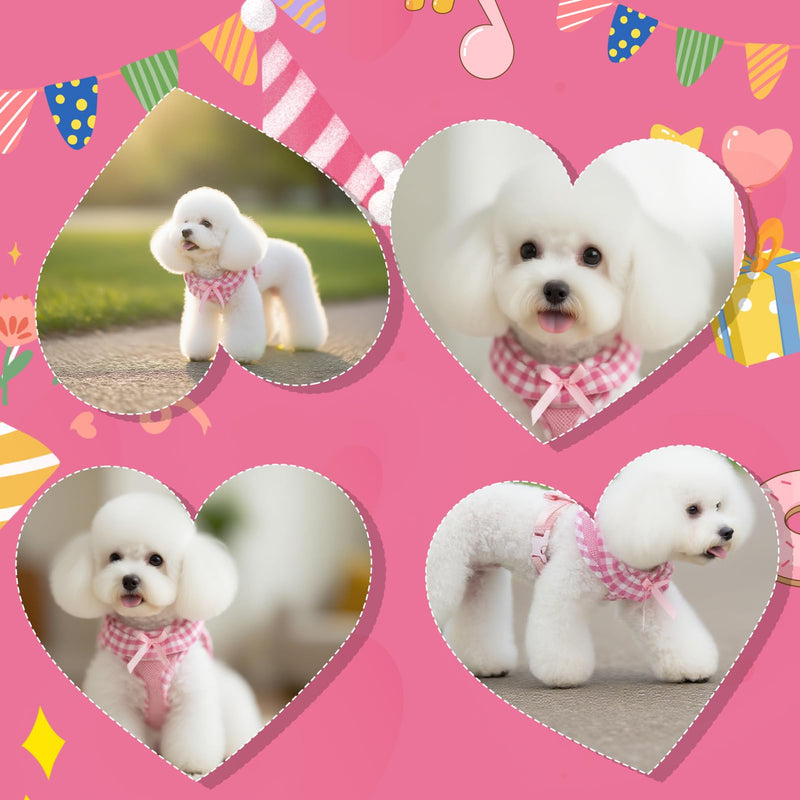 EXPAWLORER Cute Dog Harness Collar Leash Set - Pink Girl Dog Harness Checkered Step-in Design, Detachable Bow Pet Collar, Adjustable No-Choke Lightweight Mesh Vest for Cats Puppy Small Dogs, S Pink (with Collar) - PawsPlanet Australia
