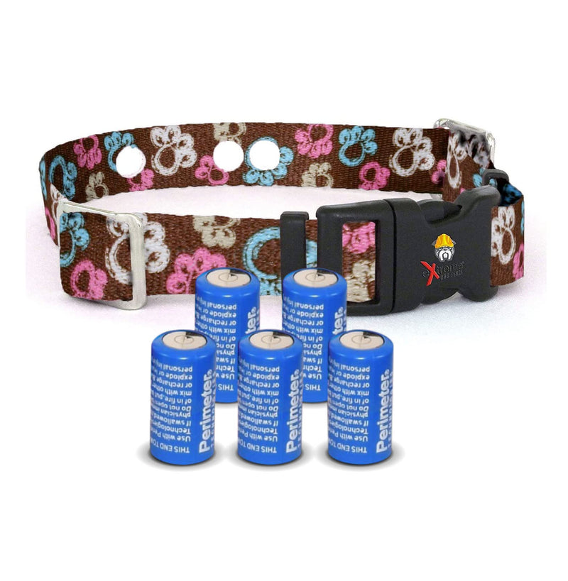Large Brown Paws Replacement Containment and Training Dog Collar Strap with 5-Pack of 6v Batteries - Compatible w/Extreme Dog Fence (EDF), Perimeter Receiver Collars, and More (Bundle 2)
