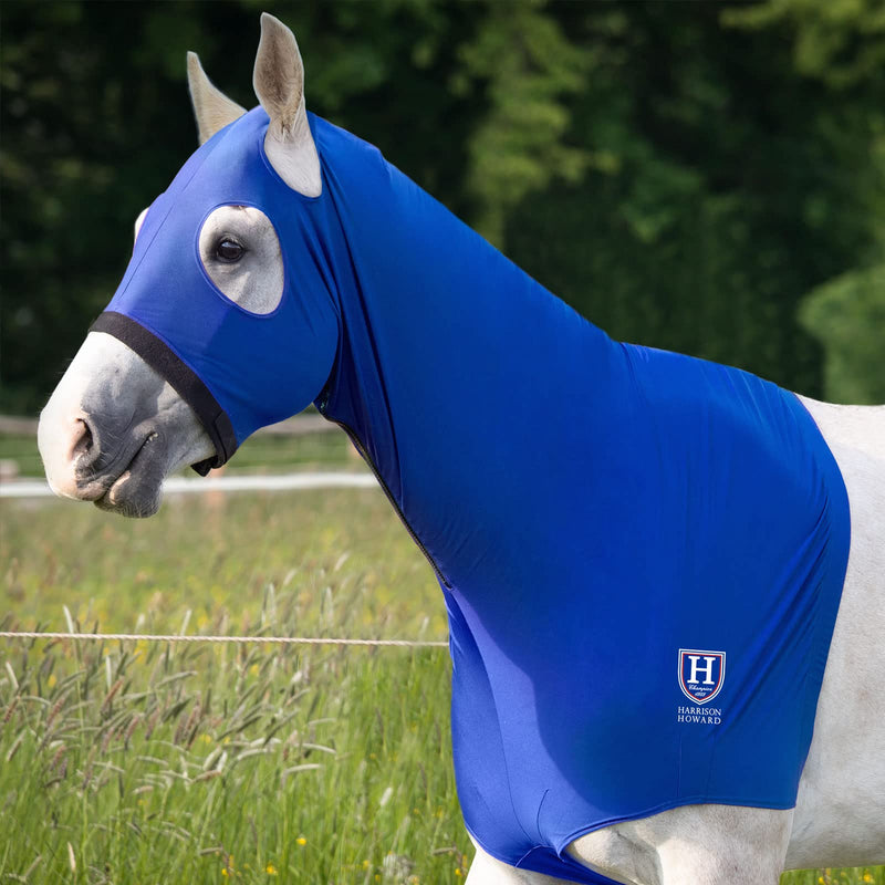 Harrison Howard Horse Stretch Hood Without Ears Snug Fitting Hood with Zip Closure Covers Face, Shoulders, Mane, Chest and Withers Perfect for Show/Event Preparation - Blue Full (Large) - PawsPlanet Australia