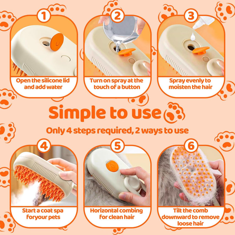 Pet Steam Brush, Shower Bath Brush, Grooming Water Brushes for Long & Short Haired Pets, Cat Steam Brush, Dog Brush for Shedding, Mist Spray Hair Removal Comb (Orange) Orange - PawsPlanet Australia