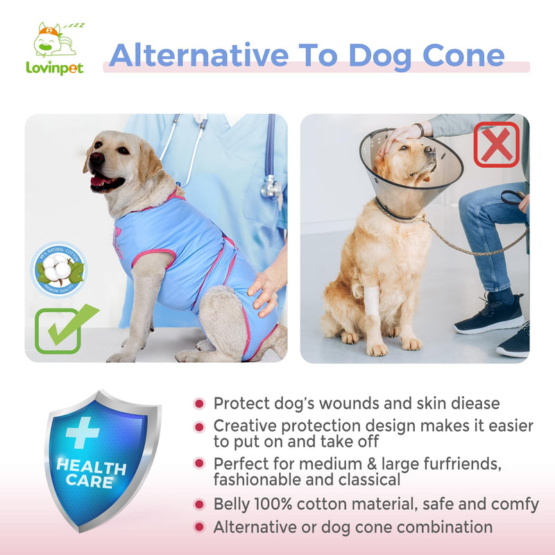 LovinPet Dog Recovery Suit for Large Medium Dogs - Bodysuit Onesie for Shedding Skin Disease Pet Pajamas Dog Anti Licking Snugly Suit Dog Bodysuit for Abdominal Wound After Surgery,Elephant,Blue,M Pink collar/Blue - PawsPlanet Australia