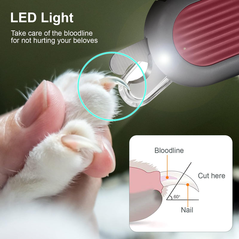 Odoland Cat Nail Clipper with LED Light and Nail File, Dog Claw Trimmer with Bright Light to Avoid Excessive Cutting - Pet Grooming Tool for Tiny Dog Cat Kitten Bunny Rabbit Pink - PawsPlanet Australia