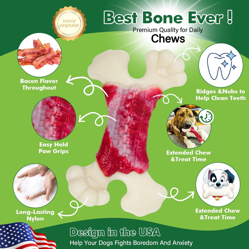 Dog Toys for Aggressive Chewers, Dog Toys for Large Dogs, Indestructible Dog Bones for Aggressive Chewers, Tough and Durable Dog Chew Toy, Real Bacon & Beef Flavors - PawsPlanet Australia