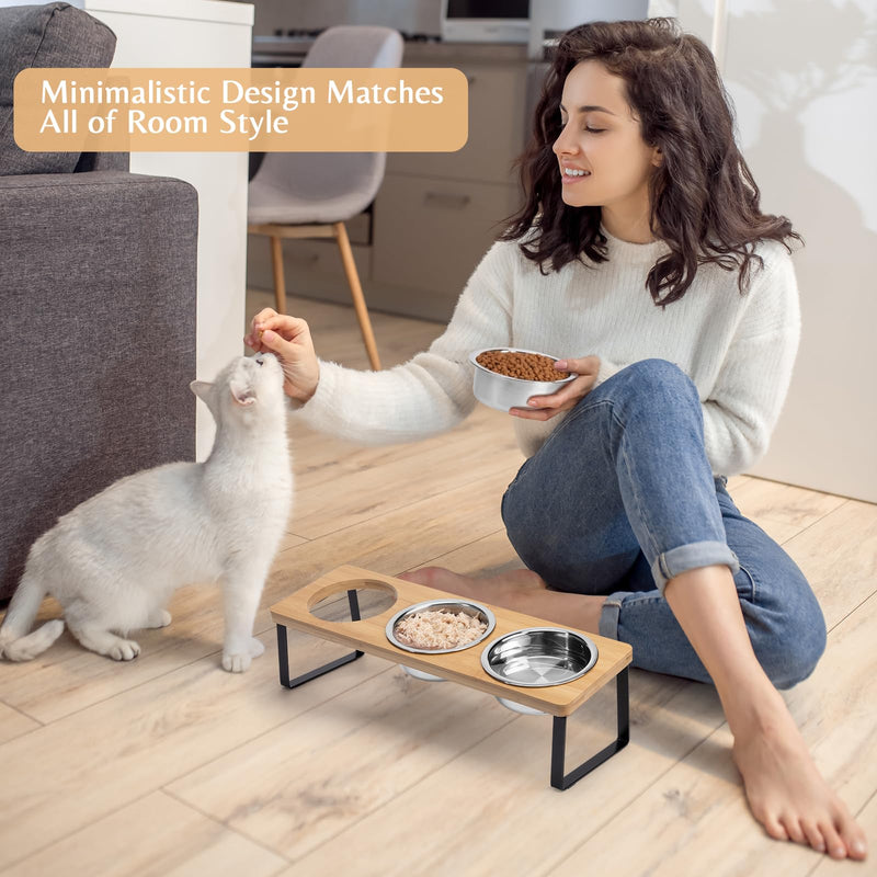 Elevated Cat Bowls for Food and Water - Loplurea 15° Tilted Raised 3 Stainless Steel Cat Food Bowl Feeder, with Bamboo Stand and Anti Vomit Feeding Station for Indoor Kittens and Pet 3 Bowls Wood Color - PawsPlanet Australia