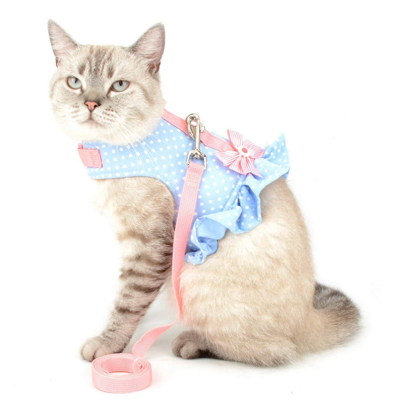 Zunea No Pull Small Dog Girl Harness Dress Escape Proof Cat Kitten Vest Harness Leash Set Step-in Soft Cotton Padded Polka Dot Jacket Chihuahua Puppy Clothes with Cute Bow for Walking Blue S S (Chest:14.5-15.7", Neck:9-9.8") blue dots - PawsPlanet Australia