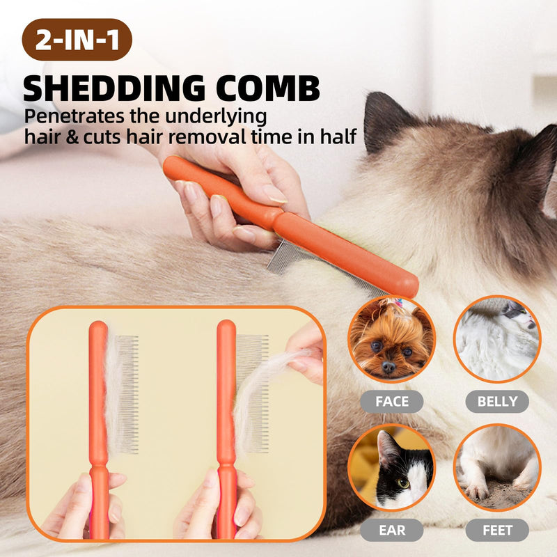 Dog Grooming Brush Set, 7 PCS Self-Cleaning Deshedding Hair Brushes for Short Long Haired Dogs Cats, Includes Scrubber Shower Wash Brush, Dematting Comb, Scissor - Yellow - PawsPlanet Australia