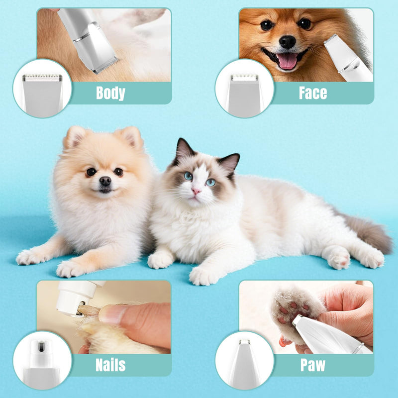 Dog Grooming Clipper Kit, 4 in 1 LED Light Low Noise Dog Paw Trimmer & Nail Grinder, 2 Speeds Adjustable Dog Grooming Kit for Cats Dogs