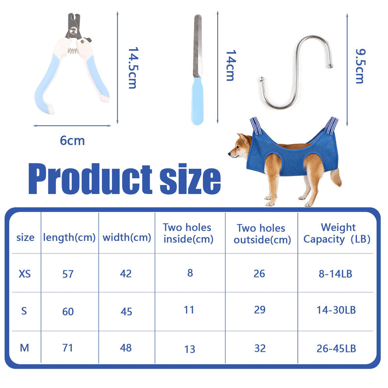 Dog Grooming Hammock Harness Kit, Breathable Dog Sling for Nail Clipping/Trimming, Adjustable Pet Grooming Restraint Bag with Clippers File Comb S-hooks Slings Grooming Supplies Kit for Claw Care Blue