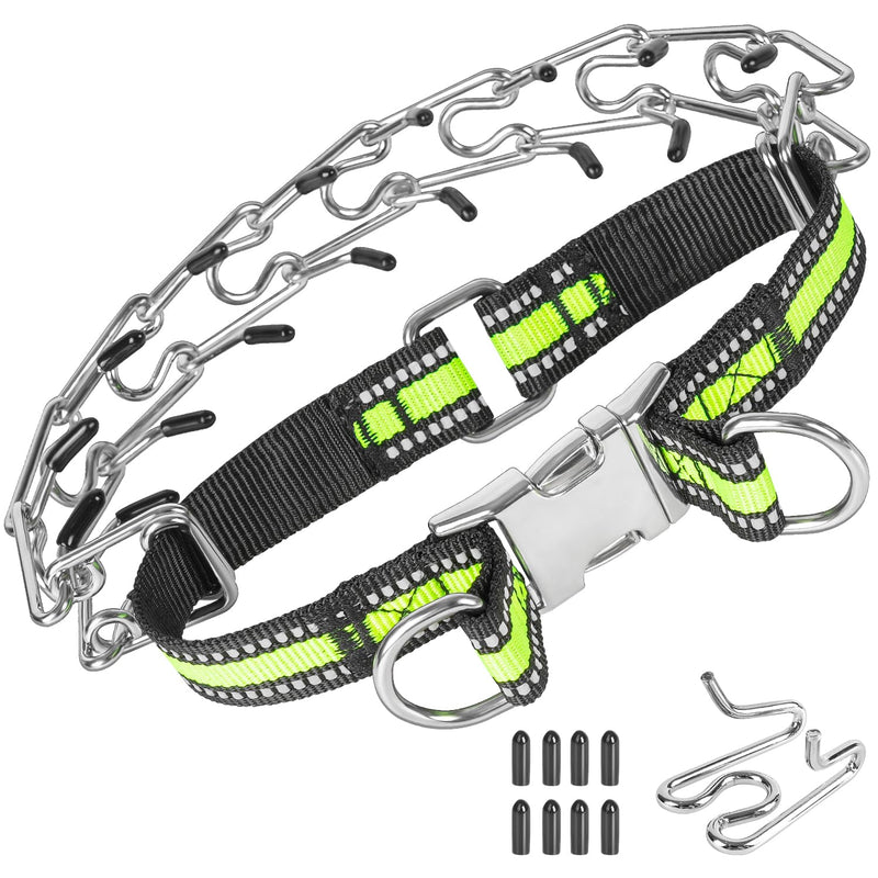 Tresbro Prong Training Collar for Dogs, Adjustable Dog Pinch Collar with Quick Release Buckle & Reflective Strap, No Pull Collar for Small Medium Large Dogs, Extra Link and Caps, Fluorescent Green, XL