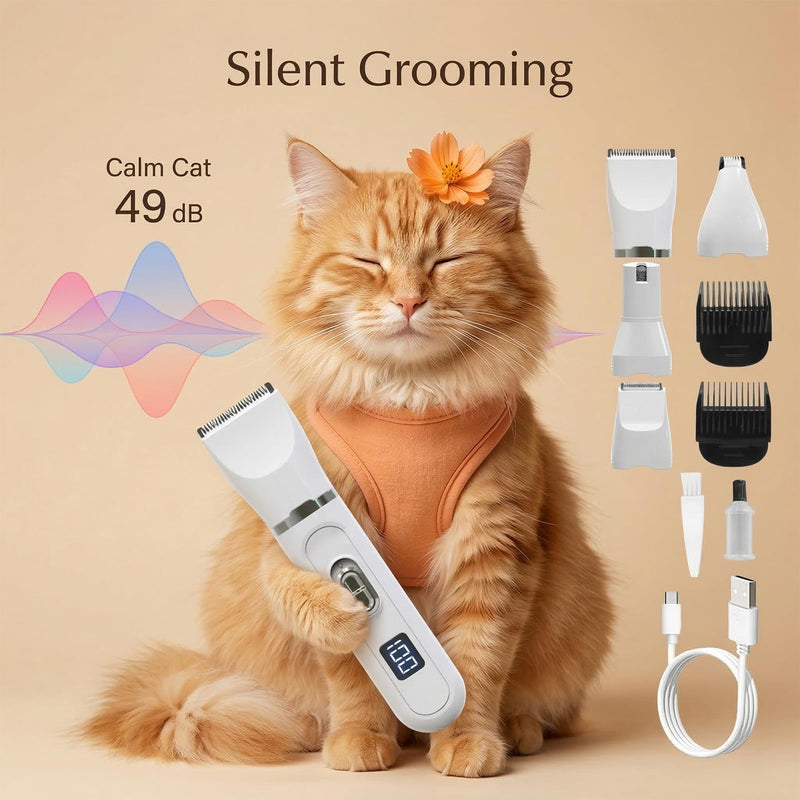 Cat Clippers, 4-in-1 Cat Grooming Kit with 3 Trimmer Heads & 3 Guide Combs, Quiet Cat Trimmer for Long Hair, Pet Clippers for Cats & Small Dogs, Ideal for Home Grooming of Matted Fur & Paw Hair