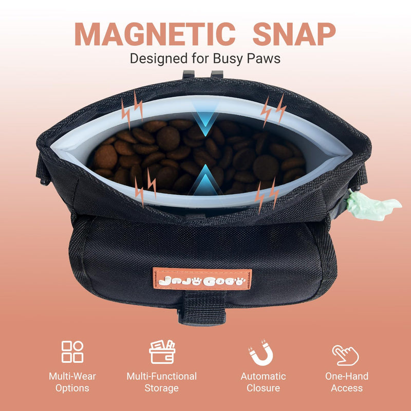 JOJOGOGO Dog Treat Pouch with 4 Cup Removalbe Silicone Bag, Magnetic Closure Treat Pouches for Pet Training and Walking, Dog Training Treat Pouch with Clicker, Puppy Snack Bag and Poop Bag Holder Black normal