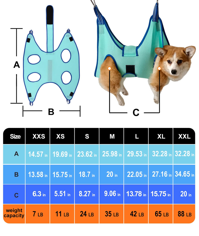 Kkiimatt XX-Large Dog Grooming Hammock, 2023 New Edition - Hanging Clipping Harness Holder for Nail Clipping and Trimming, Wide Strap Dog Grooming Sling for Claw Care XX-Large 65 LB Max/Turquoise