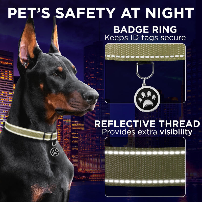 TECEUM Reflective Dog Collar – Olive – XXS – Basic Nylon Pet Collar – Quick Release Buckle – Fits Small, Medium and Large Dogs, Puppies, Cats – ESA & Service Dog Options