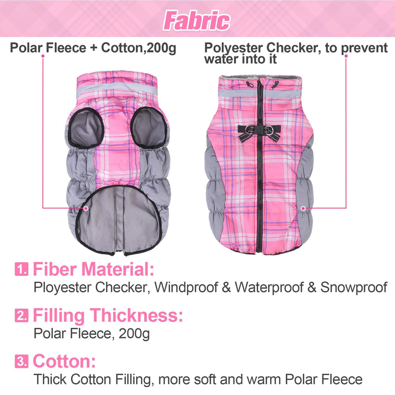 BEAUTYZOO Plaid Dog Coat, Upgraded Reflective Jacket Fleece Padded with Built-in Harness, Waterproof Puffer Vest Turtleneck Pet Apparel for Small to Large Dogs, Pink XXXL XXXL (Back: 27.8",Chest: 43.3", Neck: 29.7")