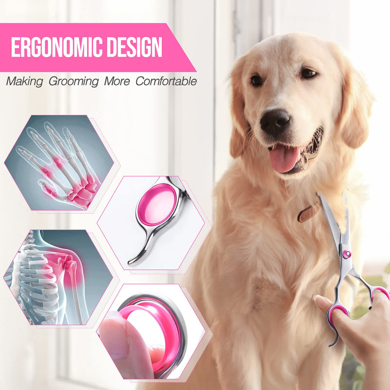 Gimars Dog Grooming Scissors Kit Professional 4CR with Safety Round Tip, 5 in 1 Heavy Duty Titanium Coated Thinning & Curved & Straight Shears Pink [5-in-1]