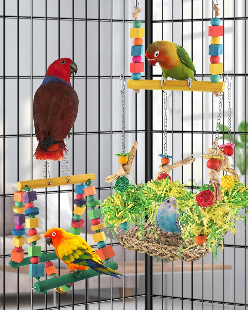 Bird Hammock Toys Parakeet Perches Swing, 3in1 Detachable Parrot Cage Accessories, Wooden Hanging Chew Toys for Small to Large Conure Cockatiel Quaker African Grey - PawsPlanet Australia