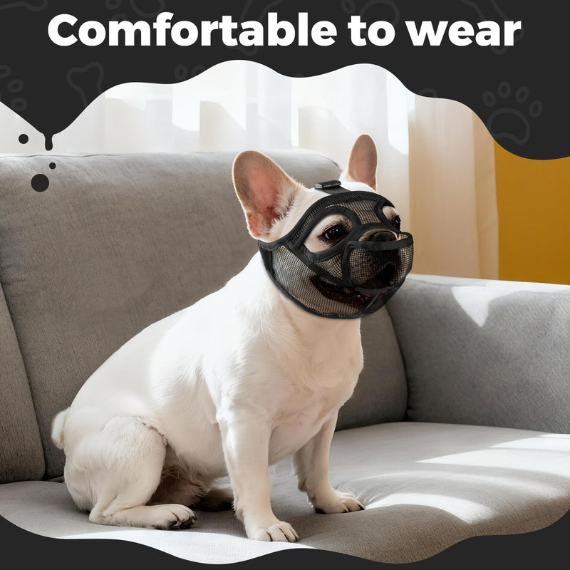 French Bulldog Muzzle, Soft Mesh Short Snout Muzzle with Mouth Opening & Enlarged Eye Holes, Allows Panting, Drinking & Feeding, Prevents Biting for Shih Tzu Pug English Bulldog(M,Black) M Black - PawsPlanet Australia