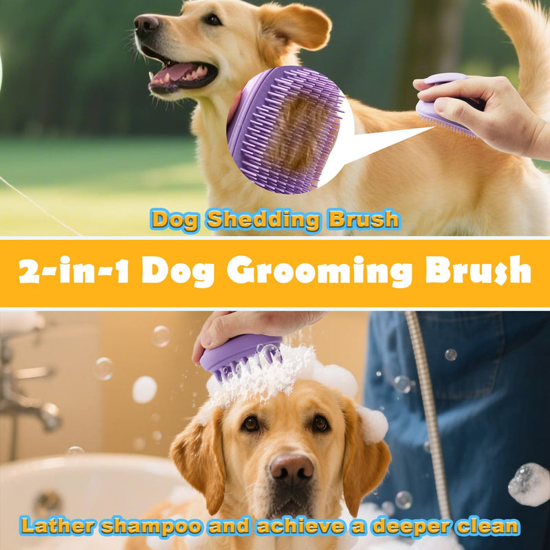 2-in-1 Dog Bath Brush for Grooming & Massage - Pet Silicone Brush for Long & Short Haired Dogs and Cats, Dog Scrubber for Bath, Rubber Curry Brush, Use Wet as Bath Brush or Dry for Grooming-Purple Purple - PawsPlanet Australia