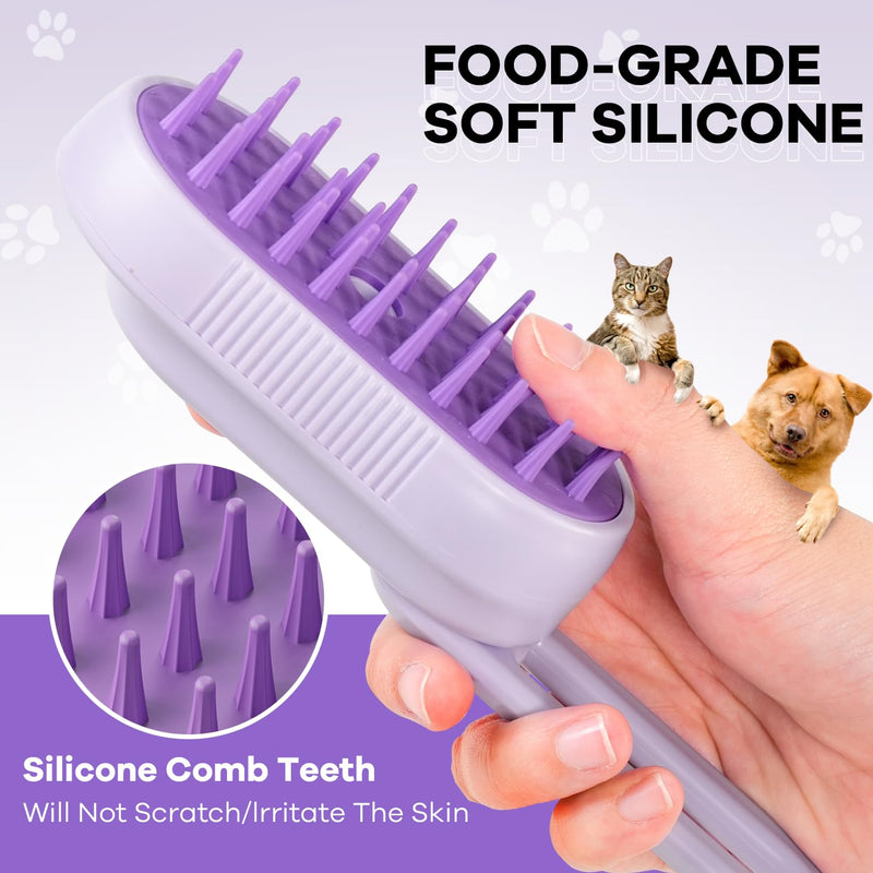 Cat Steam Brush for Shedding, 4 in 1 Brushs with Foldable Handle, Steam Brushs for Cats, Spritz Defur Comb for Cats, Water Brush for Cat, Pet Spray Hair Removal Comb purple