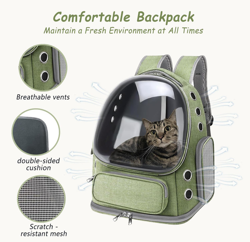 Cat Carrier with Groomer, Breathable Cat Bubble Carrier for Cats or Small Dogs up to 20 lbs, Collapsible Airline Approved, Clear Cat Travel Backpack (Green) Green - PawsPlanet Australia