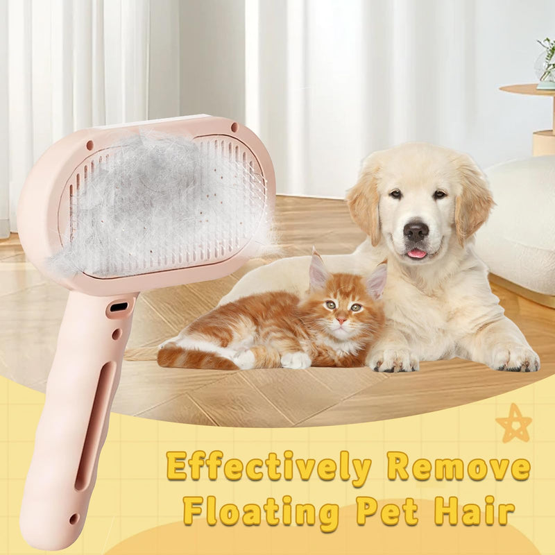 Cat Steam Brush for Grooming, Magic Wand for Pet Hair, Dog Steam Grooming Brush, 3 in 1 Massage Brushes with Handle, Suitable for Most Long and Short-Haired Pets, with a Flea Comb Pink