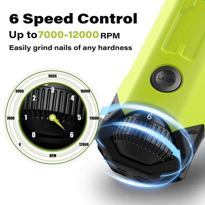 Casfuy 6-Speed Dog Nail Grinder - Newest Enhanced Pet Nail Grinder Super Quiet Rechargeable Electric Dog Nail Trimmer Painless Paws Grooming & Smoothing Tool for Large Medium Small Dogs Green