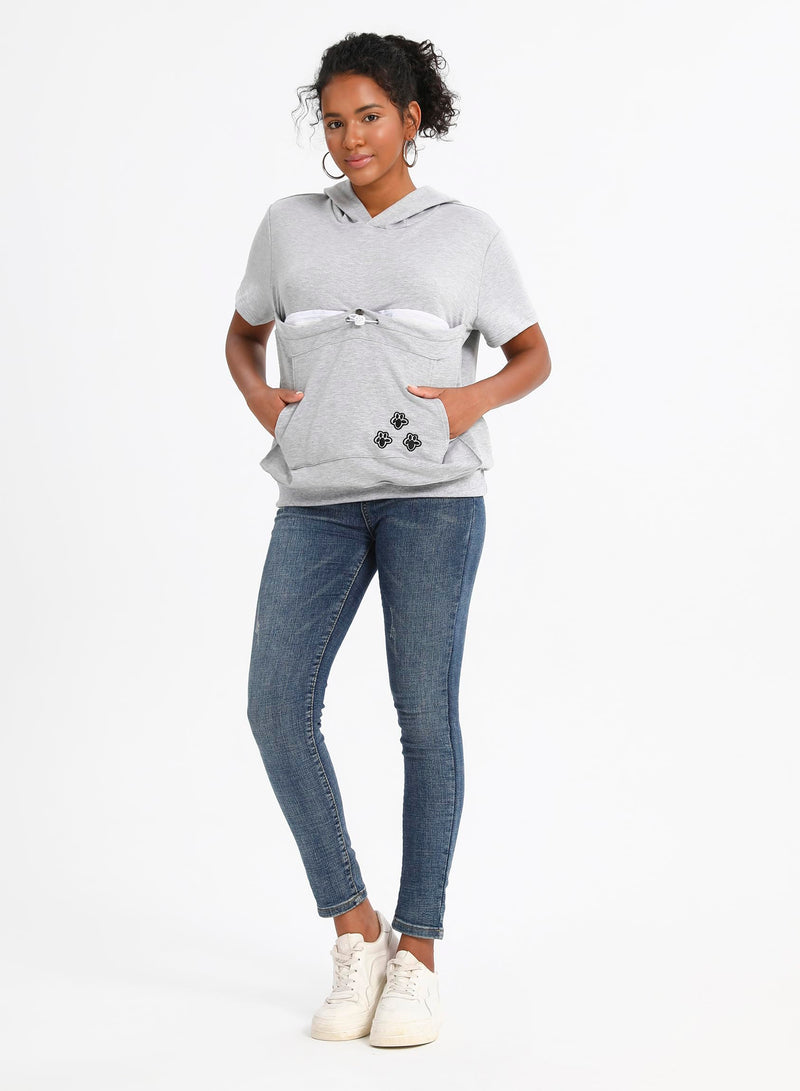 Cat Pouch Shirt Short Sleeve Kitten Puppy Holder Thin Hoodies Pet Carrier Sweatshirt for Women Light grey Large - PawsPlanet Australia
