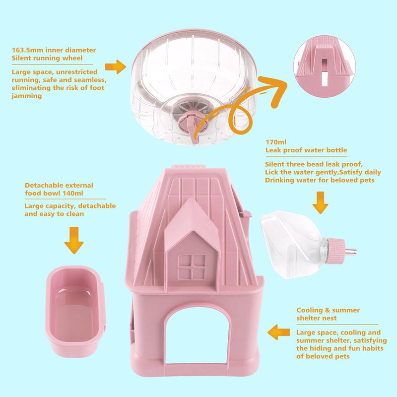 4 in 1 Silent Large Hamster Wheel Multifunctional Hamster Running Wheel Quite Running Spinner Wheel Accessories with Food Bowl Water Bottle for Hamsters Dwarf Gerbil (Pink) Pink - PawsPlanet Australia