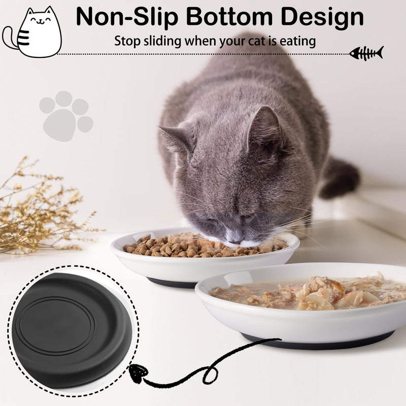 Ceramic Cat Bowls, 3Pcs Whisker Friendly Shallow Food Bowls for Kittens, Cat Dishes Plates with Non-Slip Silicone Base‌ (Shallower-3 PACK) Shallower-3 PACK