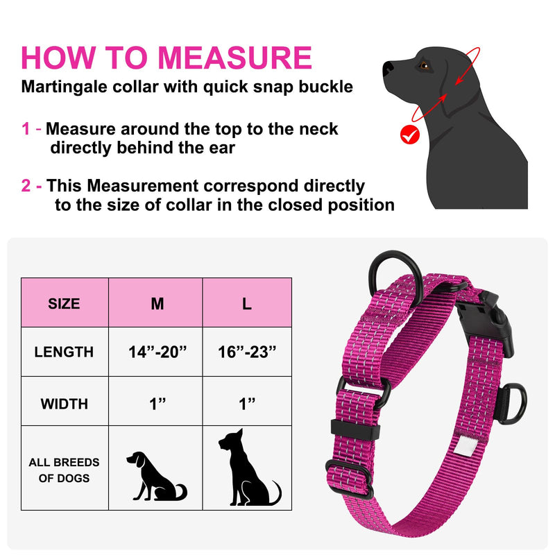 Martingale Dog Collars, Adjustable Reflective Nylon Dog Collar for Training Dogs, No Pull Dog Choker Collar for Medium Large Dogs (M, Hot Pink) M [13.3"-19.6"] - PawsPlanet Australia