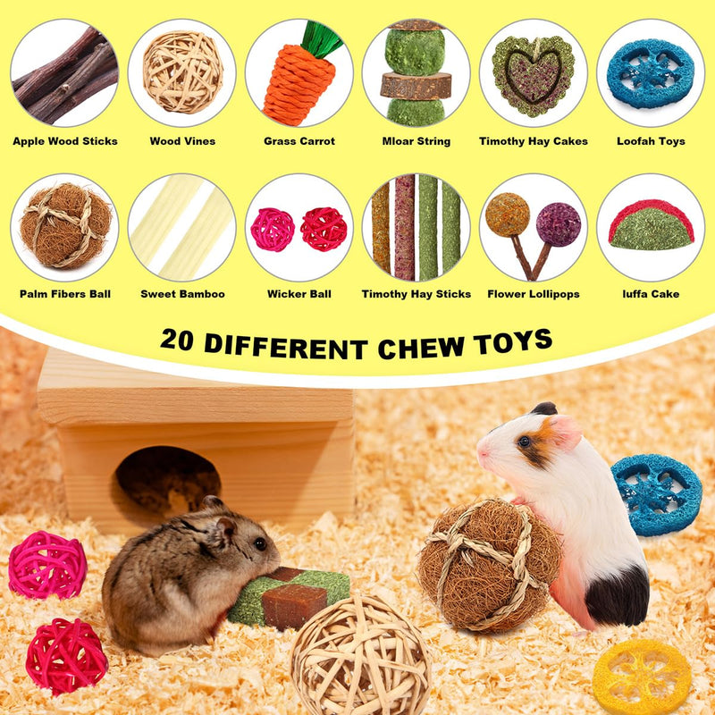 Rabbit Toys Bunny Chew Toys for Teeth, Hamster/Guinea Pig Toys Natural Timothy Hay Sticks Treats Balls and Apple Wood Sticks for Chinchilla, Guinea Pig, Hamster Pet Chew and Play Bundle