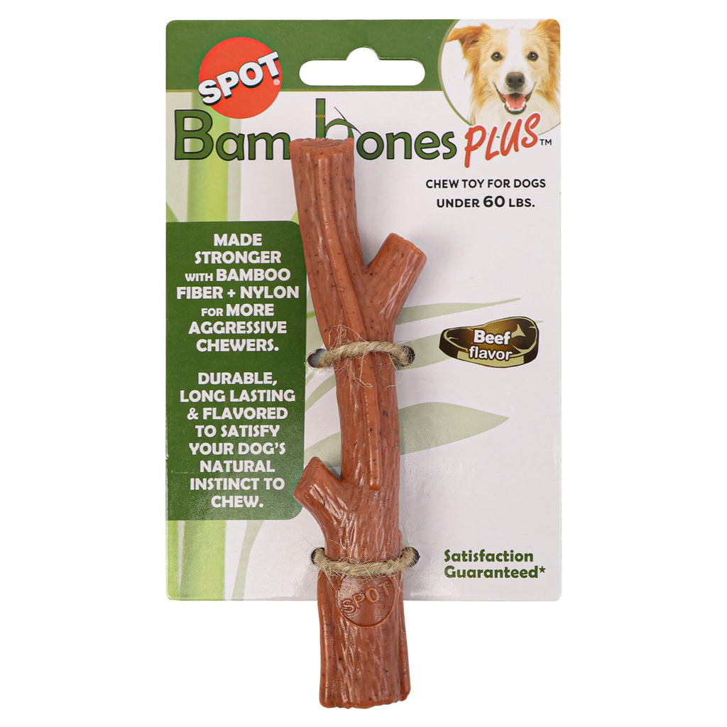 SPOT Bam-bones PLUS Branch -Bamboo Fiber & Nylon, Durable Long Lasting Dog Chew for Aggressive Chewers – Great Toy for Adult Dogs & Teething Puppies under 60lbs, Non-Splintering, 5.75in, Beef Flavor Medium