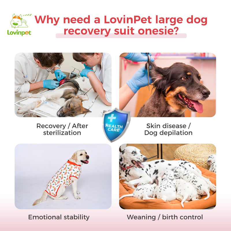 LovinPet Dog Recovery Suit, Anti-Licking Wound Protection for Large Medium Dogs, Shedding Control Full Body Coverage, Monkey Pattern, White, L