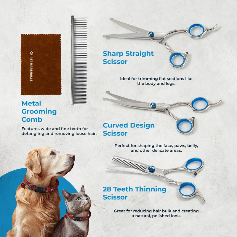 Professional Pet Grooming Kit 5-in-1 - Stainless Steel Trimming Scissors Set with Straight Hair Comb for Small and Large Pets - PawsPlanet Australia