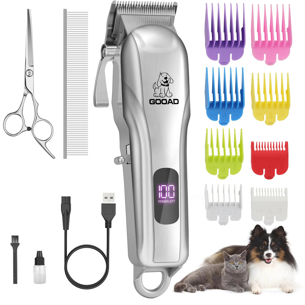 Dog Clippers for Grooming, Cordless,Low Noise, Electric Quiet,Rechargeable, Pet Hair Clippers for Thick Coats, Dog Trimmer Grooming Kit, Shaver for Small and Large Dogs Cats,Silver Silver