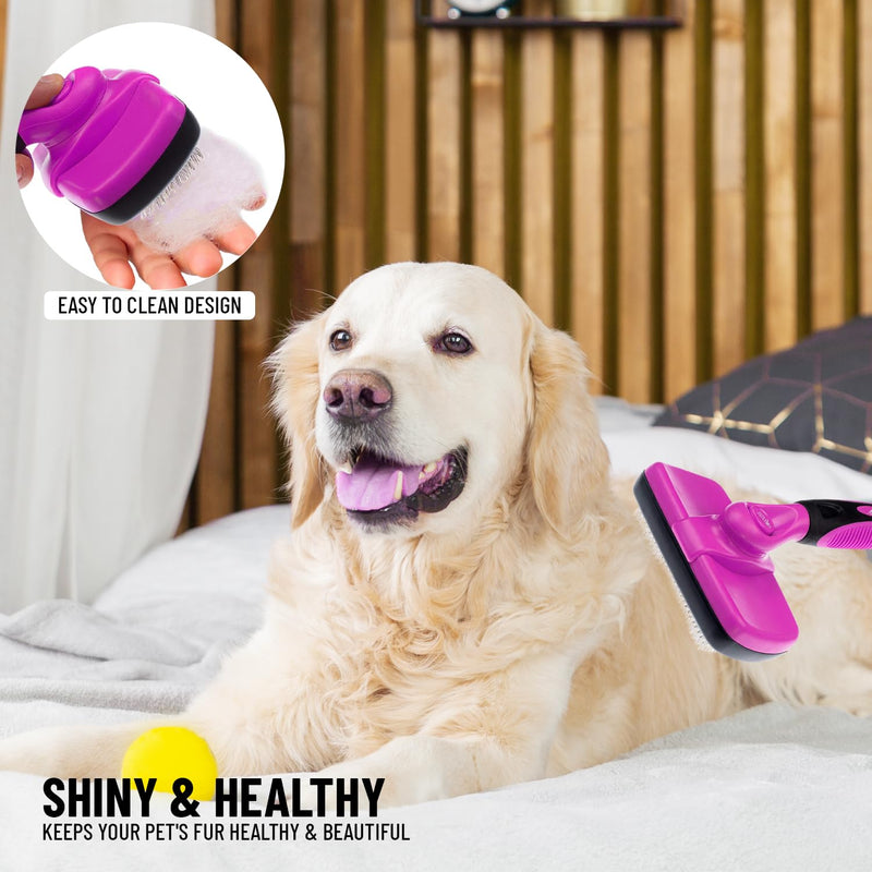 Self Cleaning Slicker Brush for Cat and Dog Coat - Detangler Dog Brush for Shedding & Grooming - Super Easy to Clean Deshedding Grooming Tool Removes Loose Pet Hair, Mats and Tangles (Pink) Pink