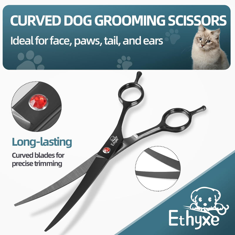 7.0" Professional Dog Grooming Scissors Kit – 3-Piece Set with Straight, Curved & Thinning Shears, Black Japanese Stainless Steel, Includes Grooming Comb for Dogs & Cats - PawsPlanet Australia