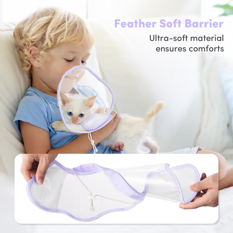 BENCMATE Cat Cone, Drawstrings Cat Cone Collar with Low Noise Fasteners, Transparent Cat Recovery Collar, Licking and Scratching Free Cone, Extra Soft Cat Surgery Collar (Purple,Small) [Neck:7-9"] Small Lavender - PawsPlanet Australia