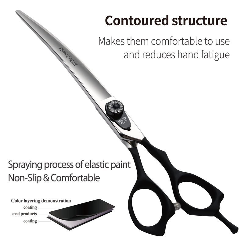 Fenice Peak 7'' Professional Curved Dog Grooming Scissors Heavy and Anti-Slip Black Handler 440C Stainless Steel Pet Cutting Shears Safety Trimming Shearing for Dogs Cats 7'' - PawsPlanet Australia
