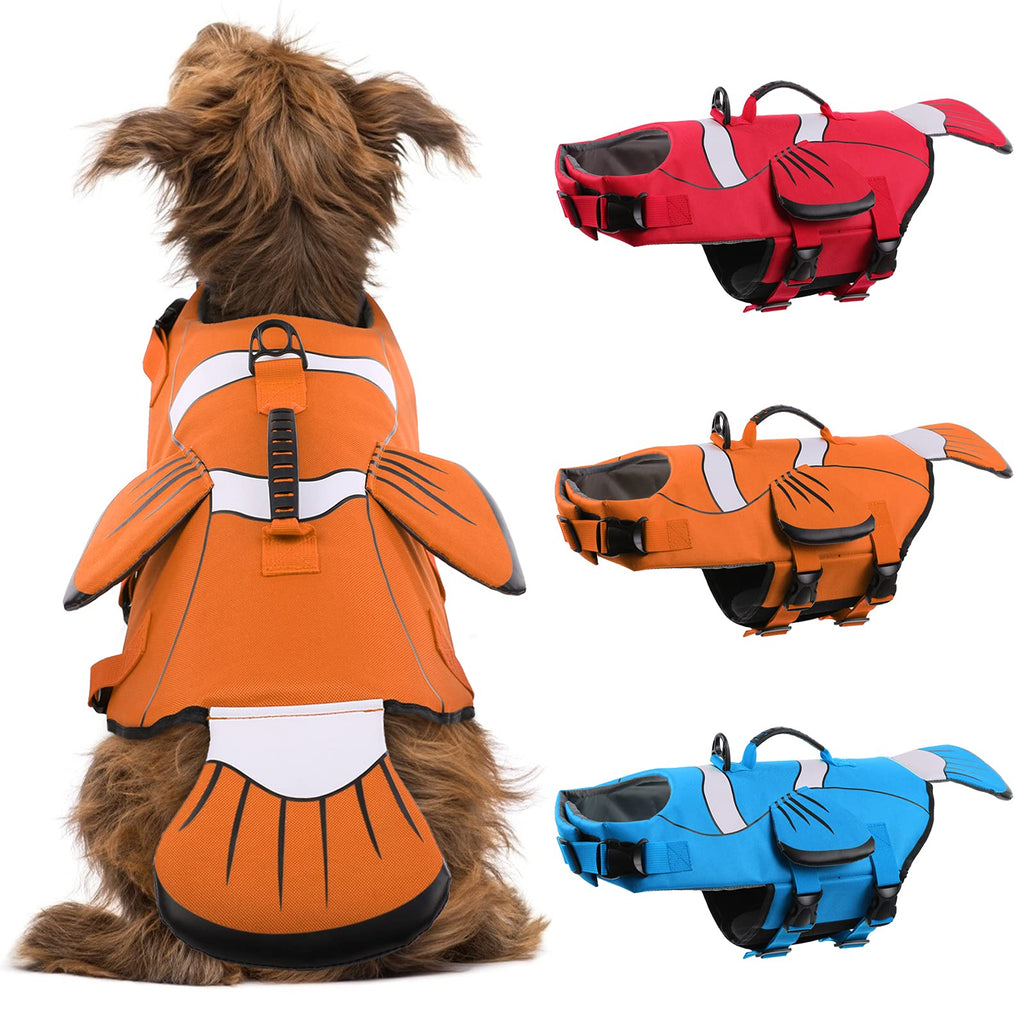 DENTRUN Dog Life Jacket Safety Vests for Swimming, Adjustable Puppy Pool Lake Floats Coat High Visibility Superior Floatation & Rescue Handle, Clownfish Shape Water Vest for Small Medium Large Dog XX-Large Orange