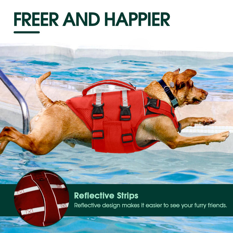 Kuoser Dog Life Jacket, High Flotation Dog Life Vest for Swimming Boating, Adjustable Ripstop Dog Lifesaver for Small Medium and Large Dogs, Reflective Safety Pet Life Preserver with Rescue Handle Small (Chest Girth:16.93-21.26'') A-Red - PawsPlanet Australia